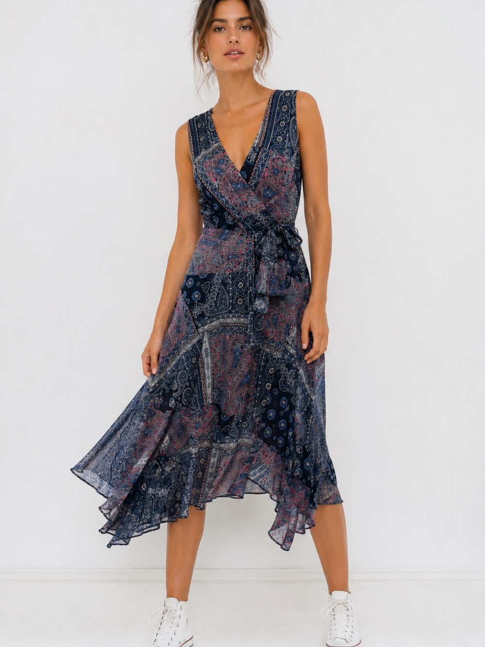 Tommy Hilfiger Navy Paisley High-Low Wrap Dress